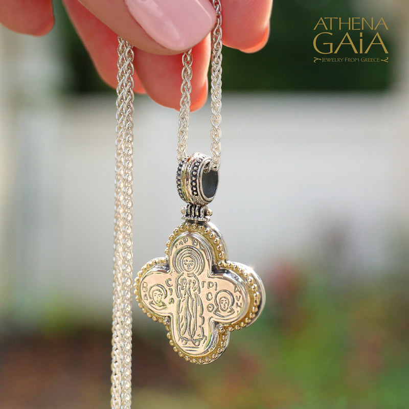 Gold Border Mother Mary Rounded Greek Cross - 18k Gold & Sterling Silver - Orthodox Cross Necklace