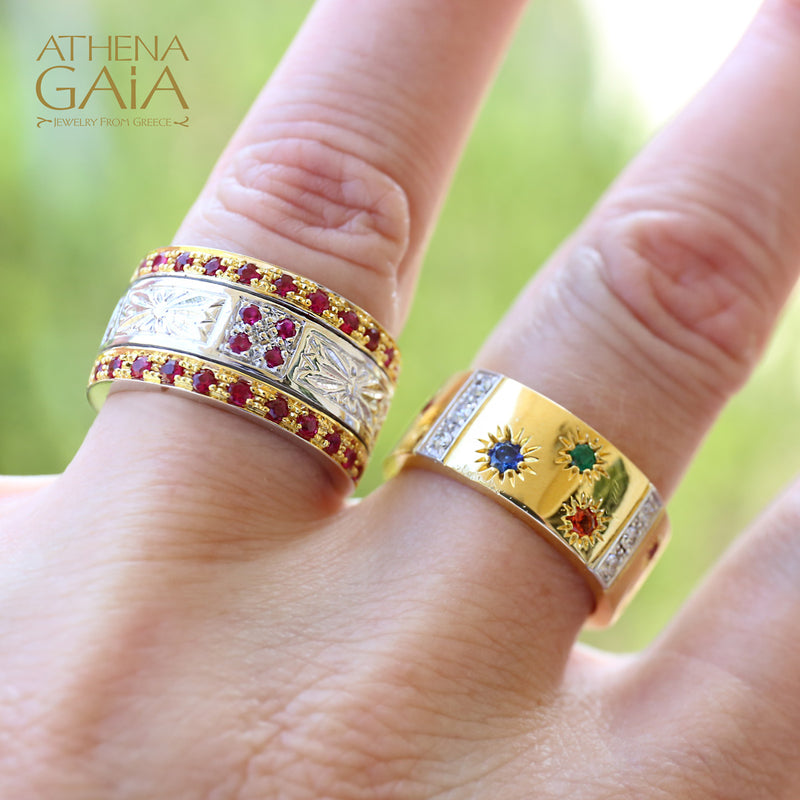 Anthemion Double Row Ring - 18k Gold & Sterling Silver Ring - Cigar Band Ring