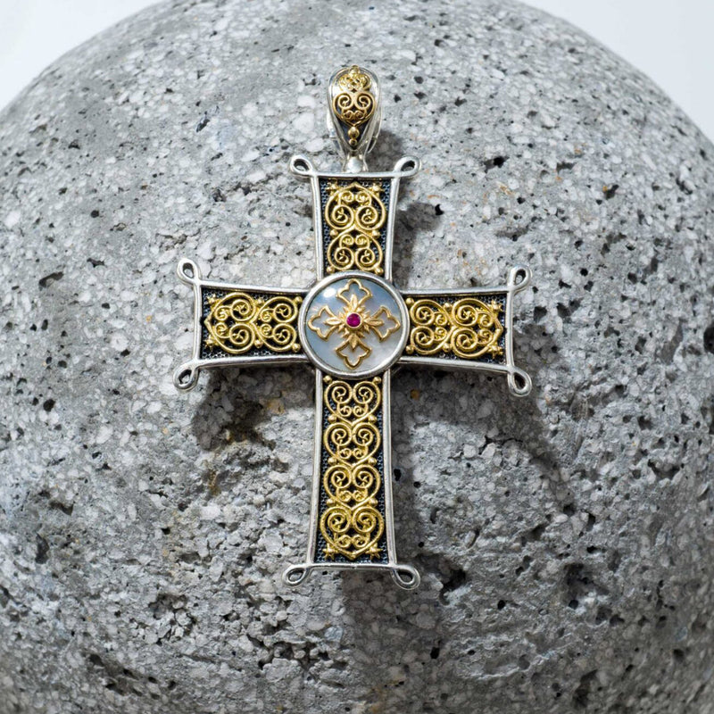 Aretousa Ruby Center Latin Cross (Large) - 18k Gold & Sterling Silver - Orthodox Cross