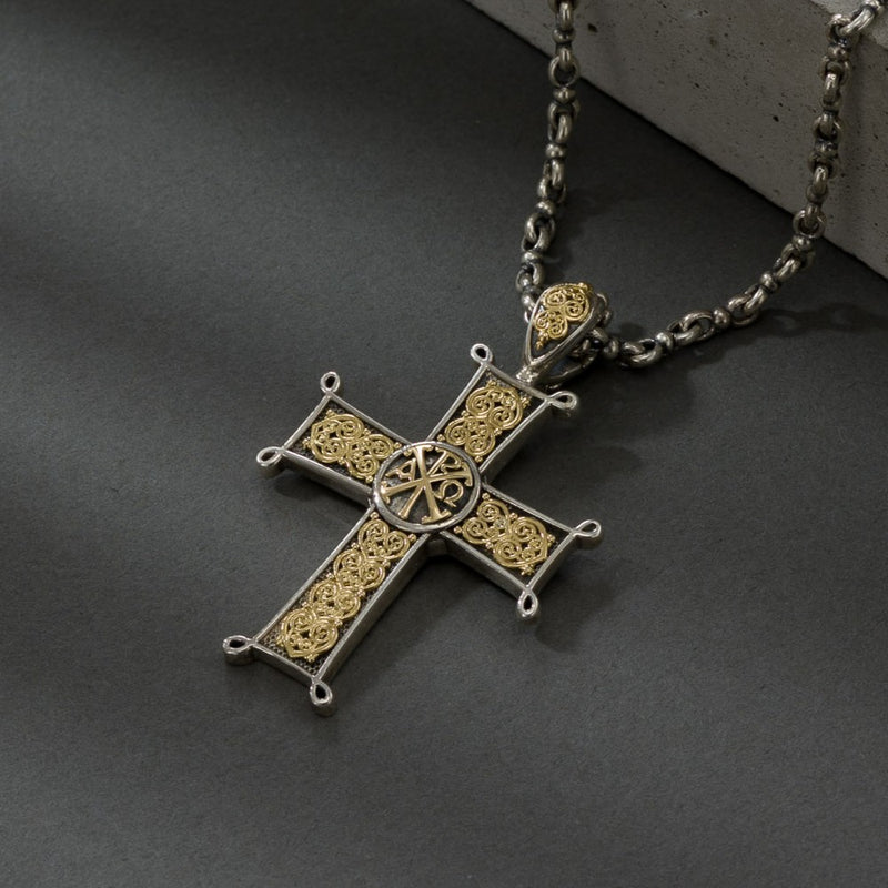Aretousa Chi Rho Latin Cross (Medium) - 18k Gold & Sterling Silver - Orthodox Cross
