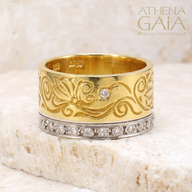 Flower Vine Diamond Ring - 18k Gold Ring - Cigar Band Ring