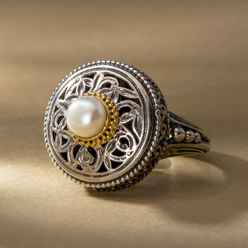 Garden Shadows Round Ring with Pearl - 18k Gold & Sterling Silver Ring - Cocktail Ring