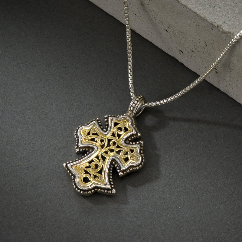 Garden Shadows Cross - Sterling Silver & 18k Gold - Flared Cross