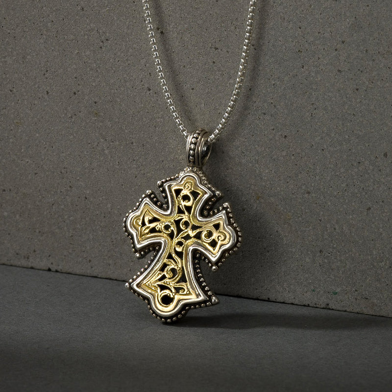Garden Shadows Cross - Sterling Silver & 18k Gold - Flared Cross