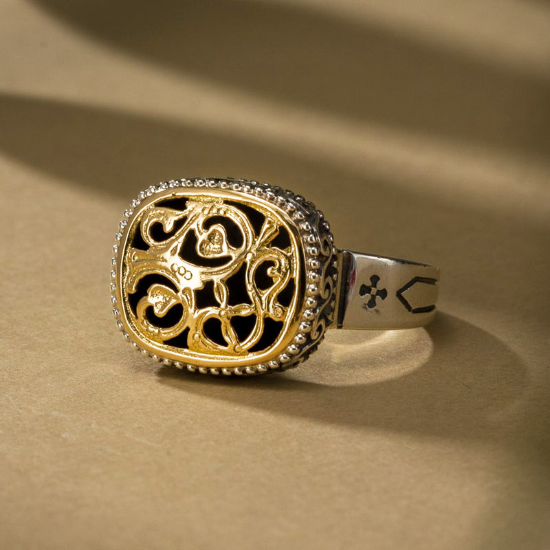 Garden Shadows Cushion Ring - 18k Gold & Sterling Silver Ring - Signet Ring