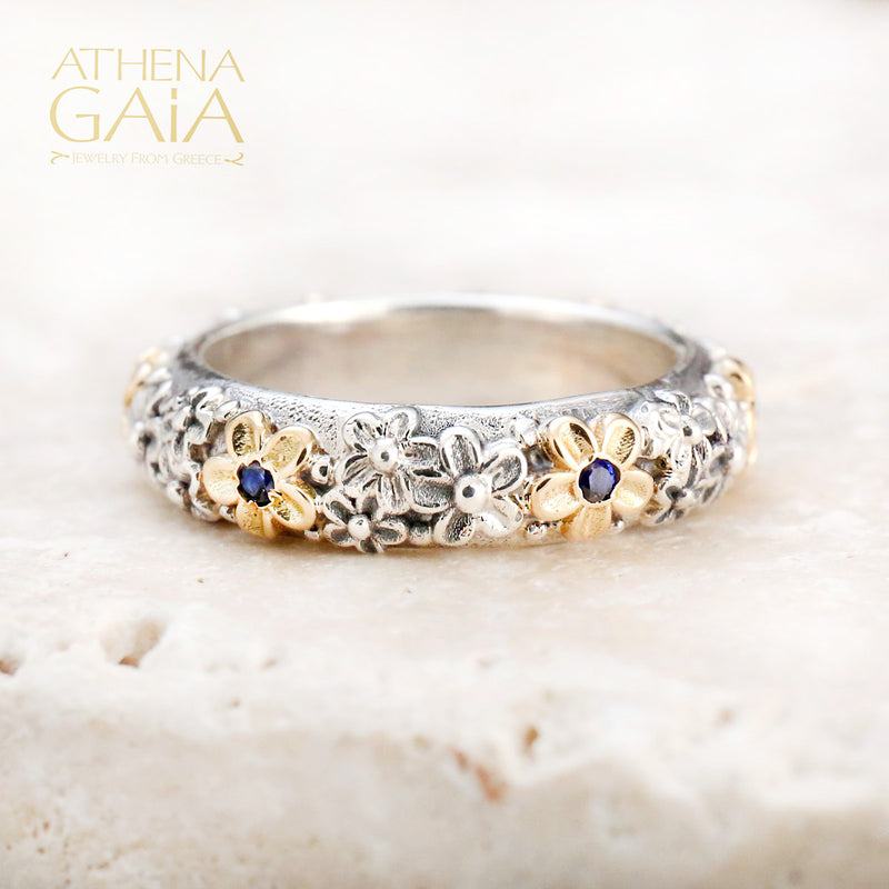 Wild Flowers Stone Band Ring - 18k Gold & Sterling Silver Ring - Stackable Ring