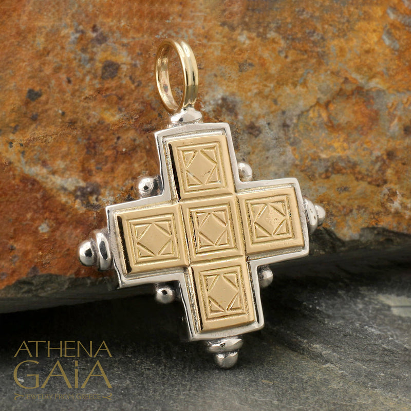 Rustic Cross (Large) - 18k Gold & Sterling Silver - Greek Cross Necklace