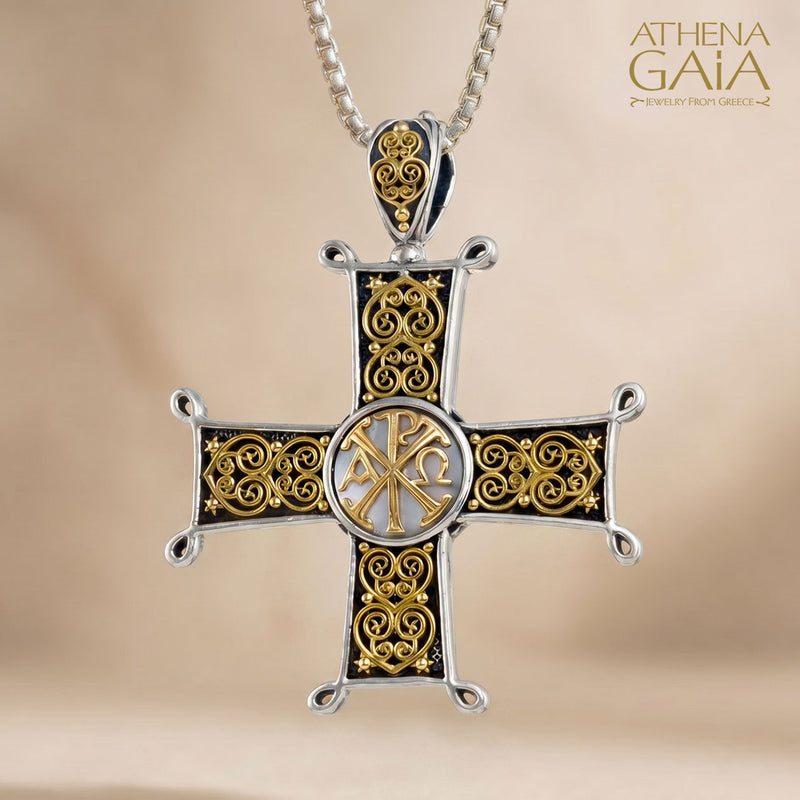 Aretousa Chi Rho Greek Cross (Large) - 18k Gold & Sterling Silver - Orthodox Cross