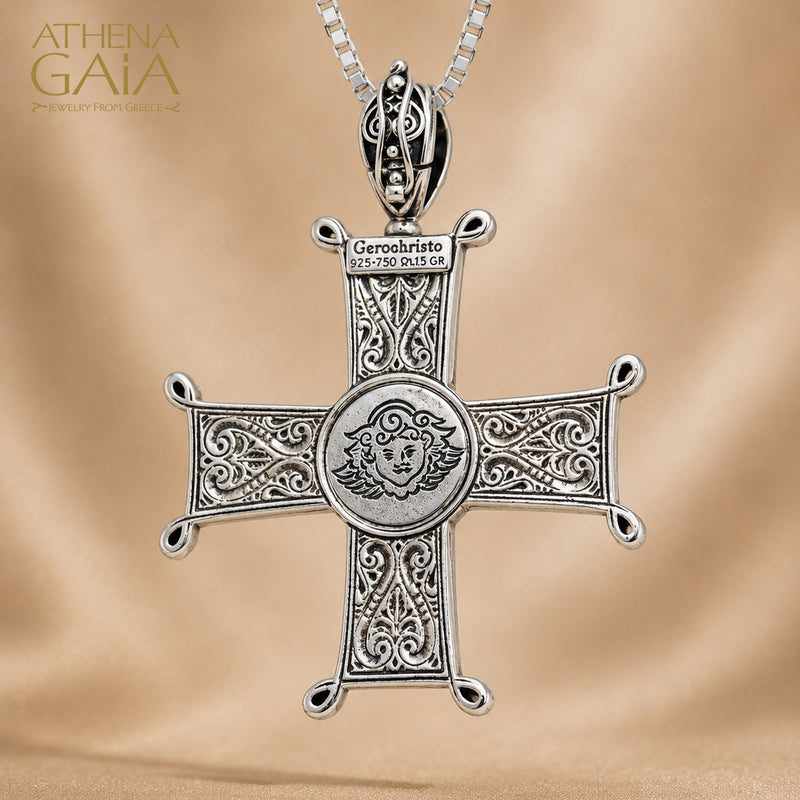Aretousa Chi Rho Greek Cross (Large) - 18k Gold & Sterling Silver - Orthodox Cross