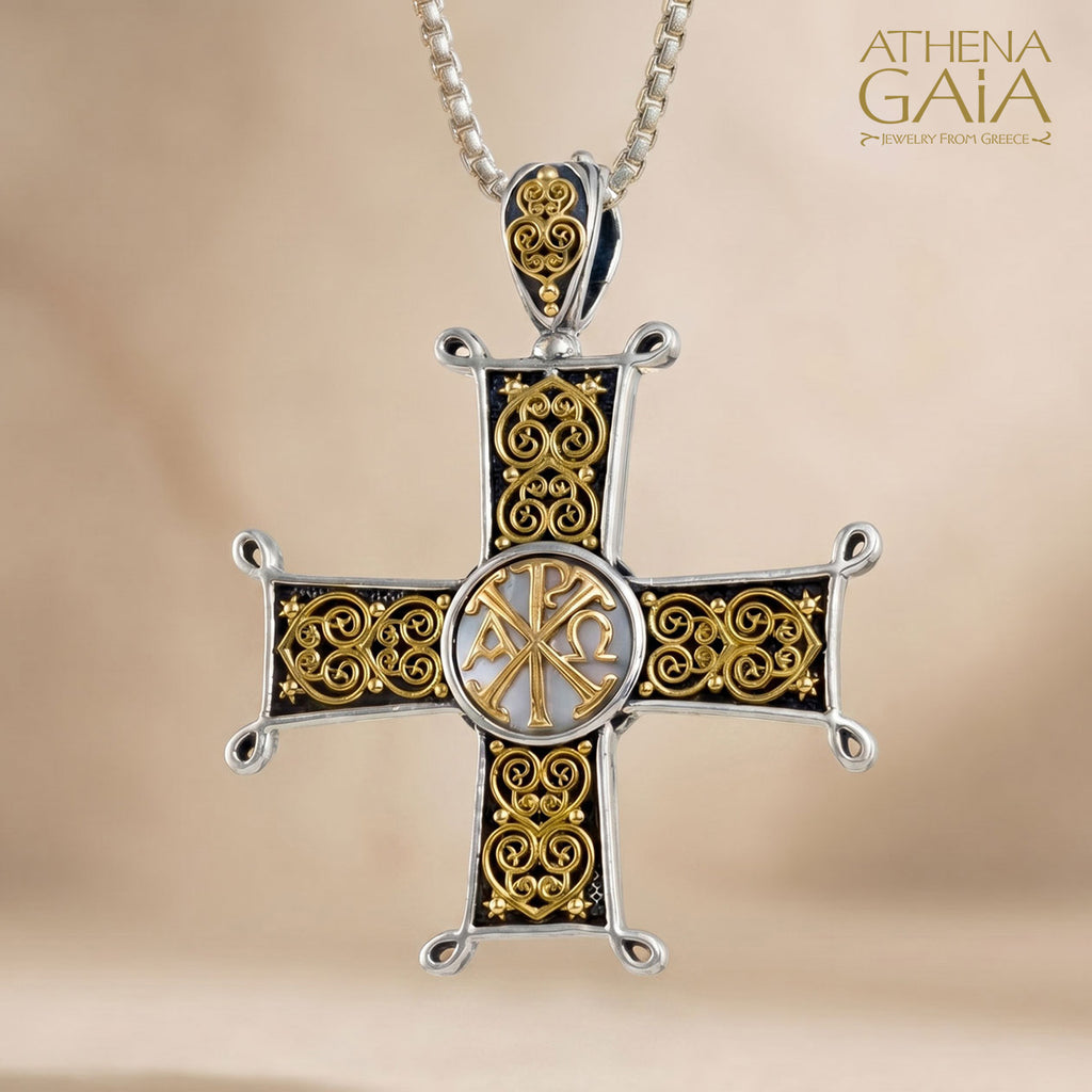 Aretousa Chi Rho Greek Cross (Large) - 18k Gold & Sterling Silver - Orthodox Cross