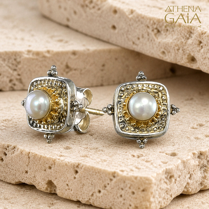 Cyclades Square Stud Earrings - 18k Gold and Sterling Silver
