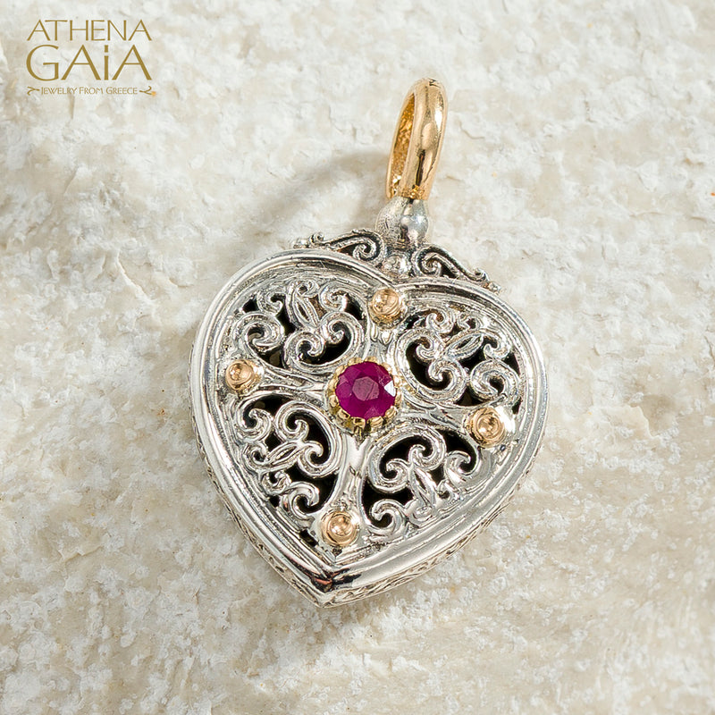 Mediterranean Heart with Stone Pendant - 18k Gold & Sterling Silver Pendant