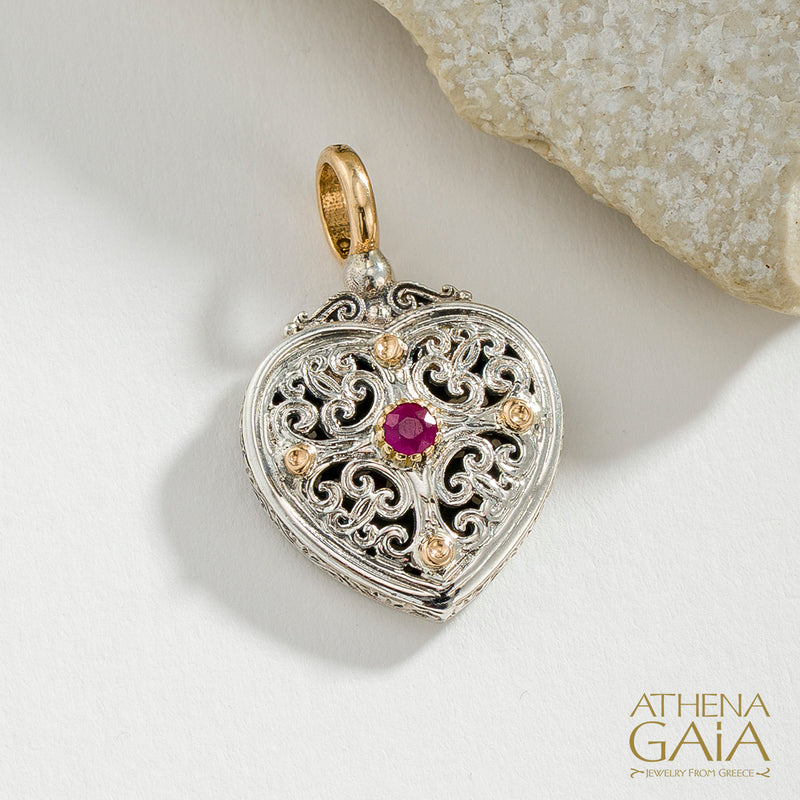 Mediterranean Heart with Stone Pendant - 18k Gold & Sterling Silver Pendant