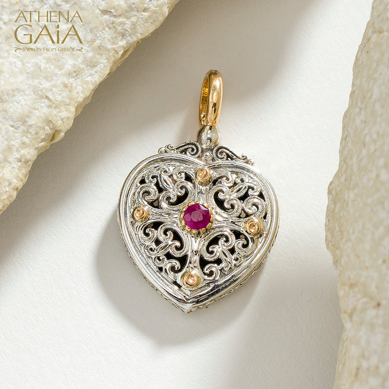 Mediterranean Heart with Stone Pendant - 18k Gold & Sterling Silver Pendant