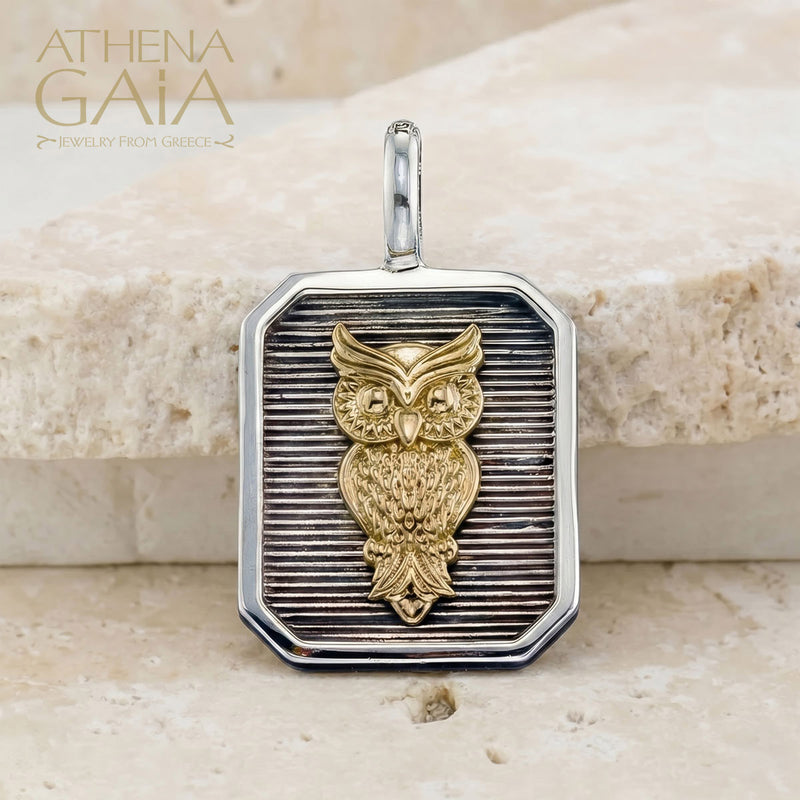 Owl Square Pendant - 18k Gold & Sterling Silver - Talisman
