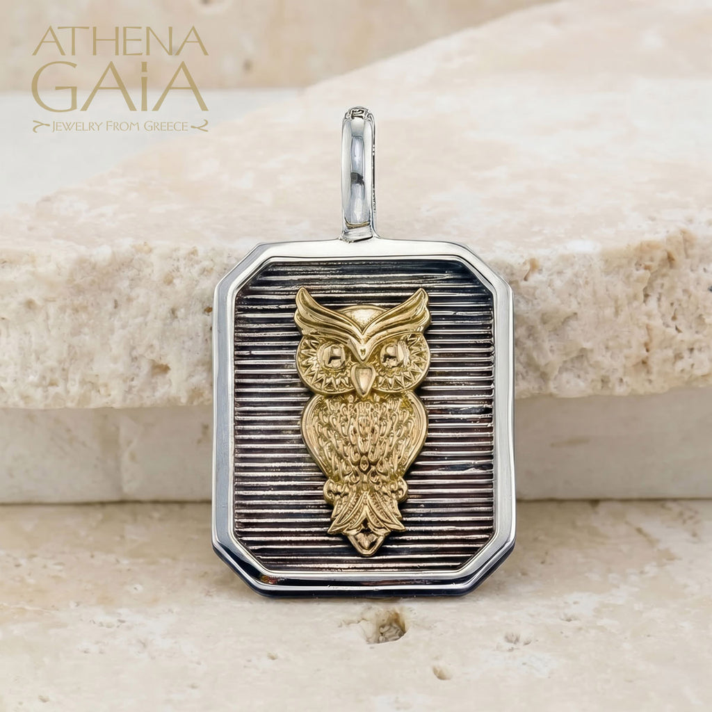 Owl Square Pendant - 18k Gold & Sterling Silver - Talisman