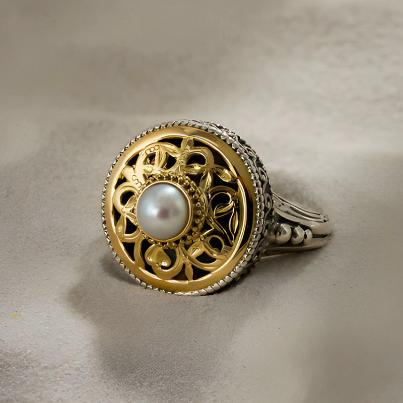 Garden Shadows Round with Pearl Ring - 18k Gold & Sterling Silver Ring - Cocktail Ring