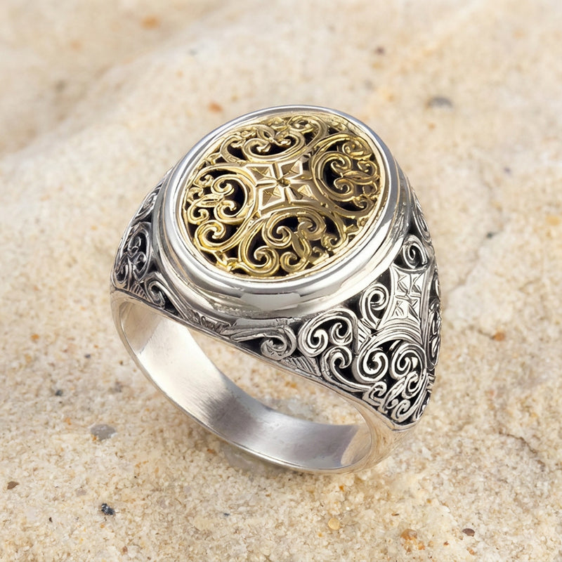 Mediterranean Oval Face Ring - 18k Gold & Sterling Silver Ring - Club Ring