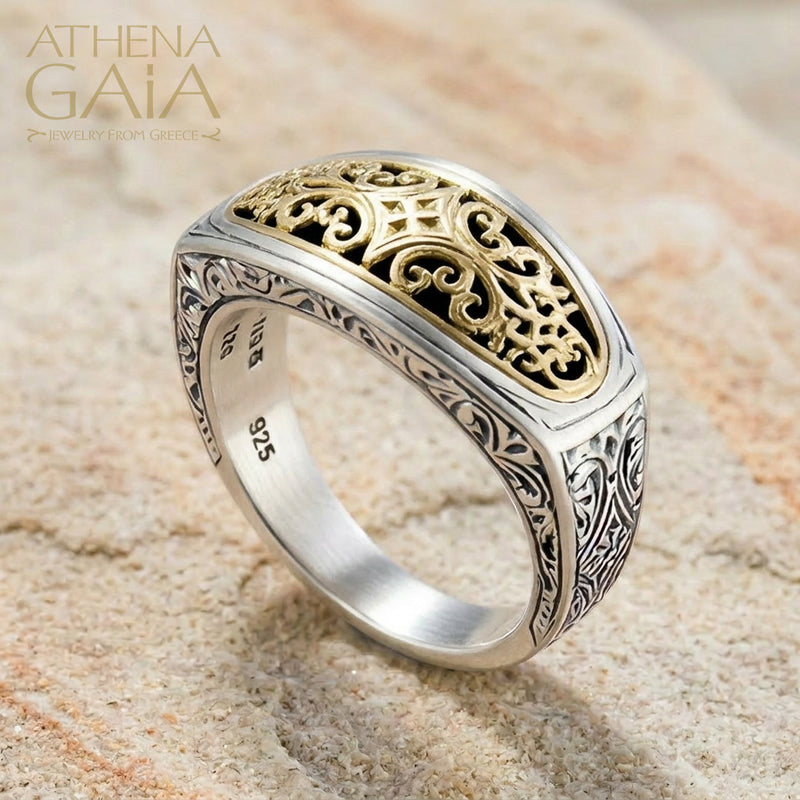 Mediterranean Gold Face Ring - 18k Gold & Sterling Silver Ring - Men's Ring