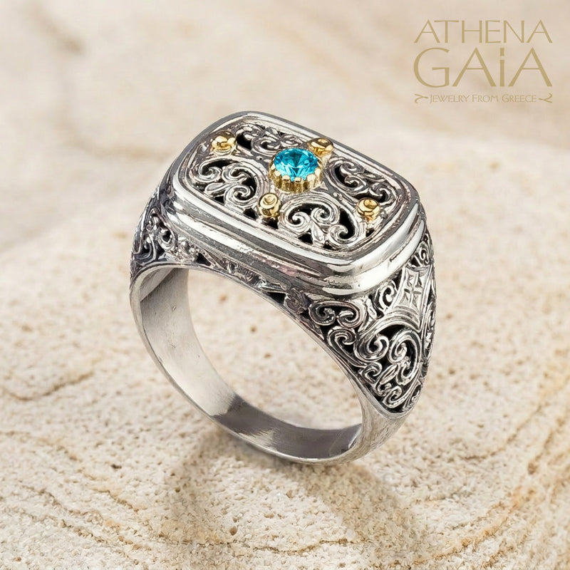 Mediterranean with Ruby Ring - 18k Gold & Sterling Silver Ring - Signet Ring