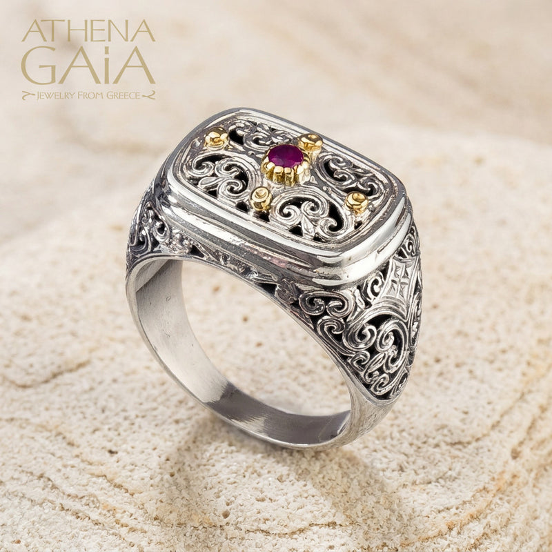 Mediterranean with Ruby Ring - 18k Gold & Sterling Silver Ring - Signet Ring