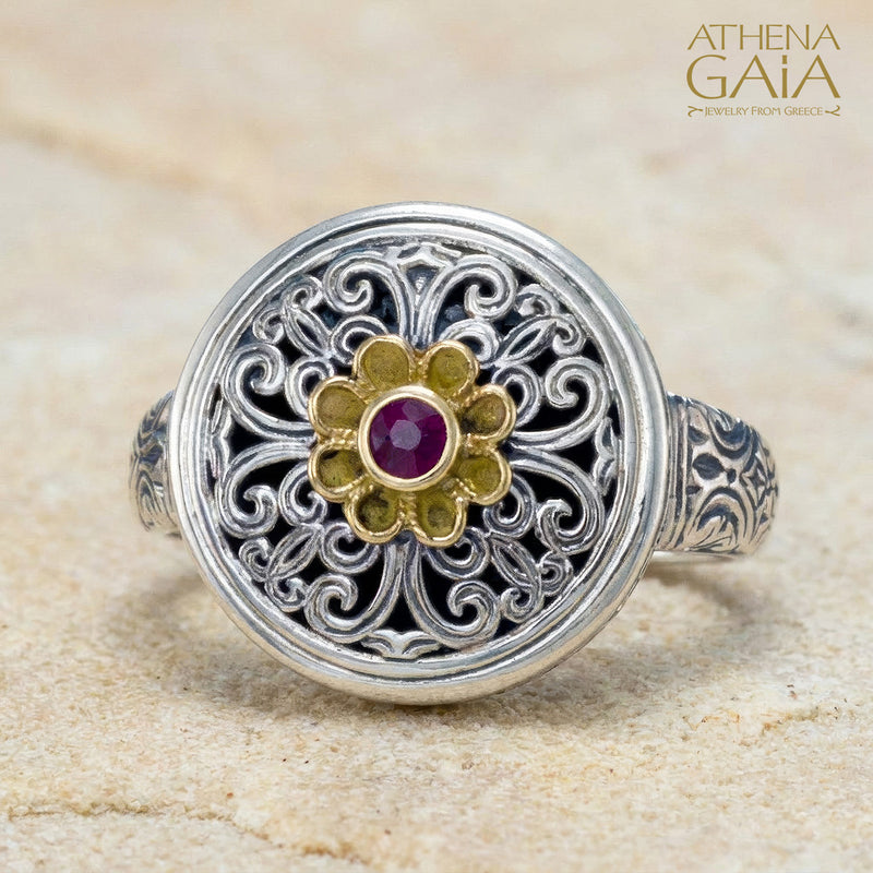 Mediterranean Ruby Flower Ring - 18k Gold & Sterling Silver Ring - Signet Ring