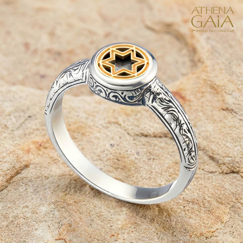 Star of David Symbol Ring - 18k Gold & Sterling Silver Ring - Signet Ring
