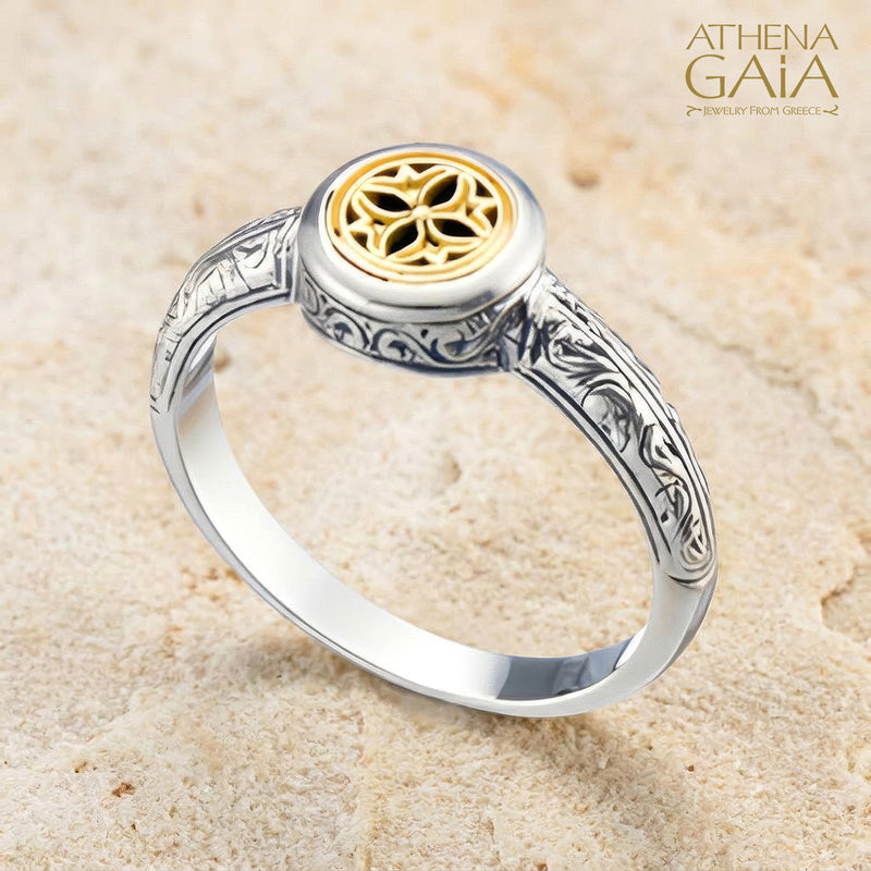 Golden Blossom Symbol Pinky Ring - 18k Gold & Sterling Silver Ring - Signet Ring