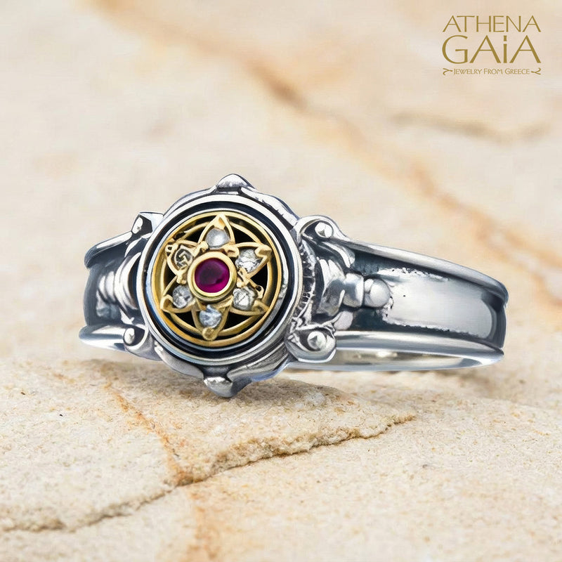 Golden Kabbalah Symbol Band Ring - 18k Gold & Sterling Silver - Signet Ring