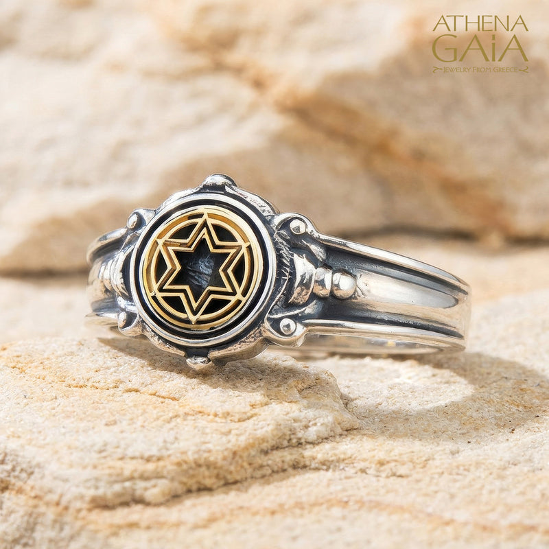Golden Star of David Silver Band Ring 18k Gold & Sterling Silver Ring - Signet Ring