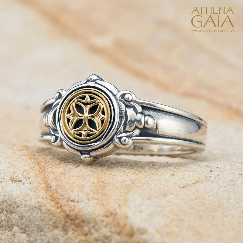 Golden Blossom Symbol Ring - 18k Gold & Sterling Silver - Signet Ring