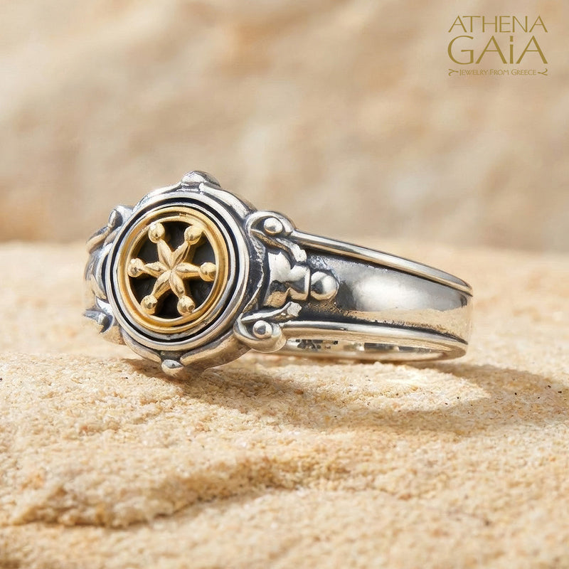Golden Dharma Symbol Silver Band Ring - 18k Gold & Sterling Silver Ring - Signet Ring