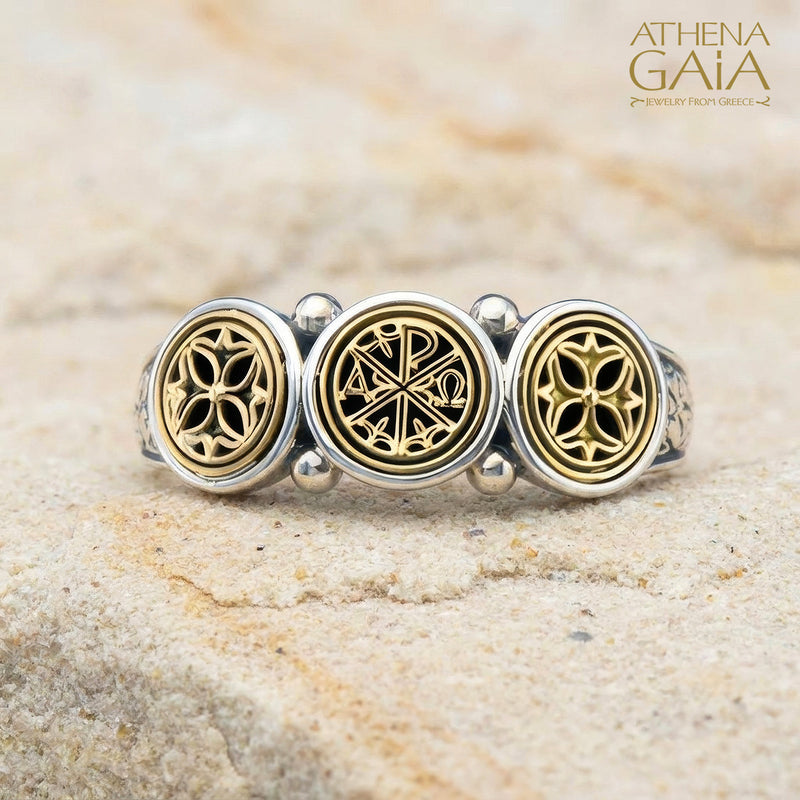 Tri Symbol Ring - 18k Gold & Sterling Silver Ring - Signet Ring