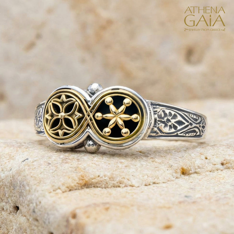 Dual Symbol Ring - 18k Gold & Sterling Silver Ring - Signet Ring
