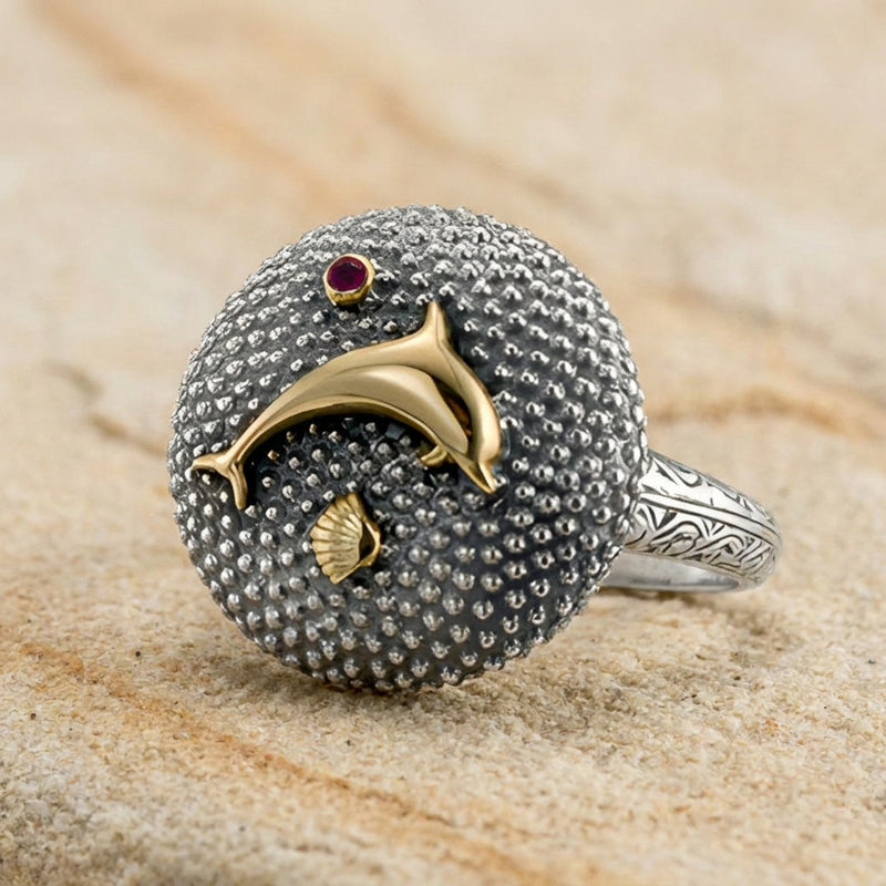 Golden Dolphin Ring - 18k Gold & Sterling Silver Ring - Cocktail Ring