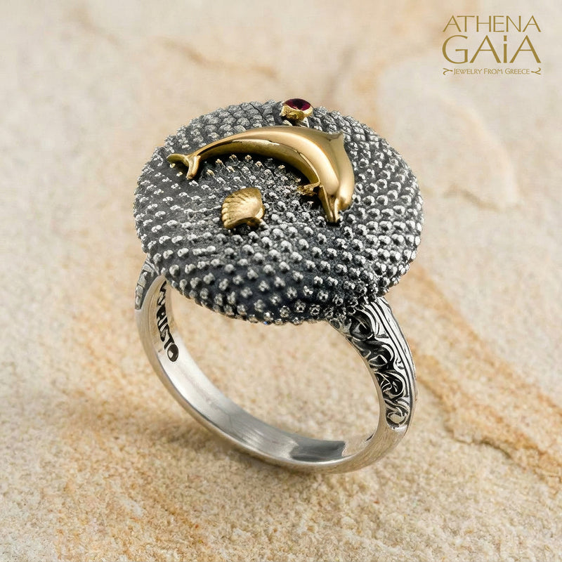 Golden Dolphin Ring - 18k Gold & Sterling Silver Ring - Cocktail Ring