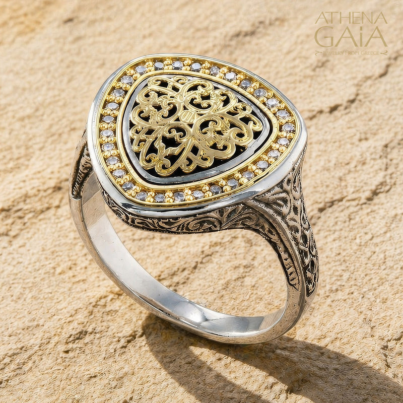 Kosmos Triangle  Ring - 18k Gold & Sterling Silver Ring - Signet Ring