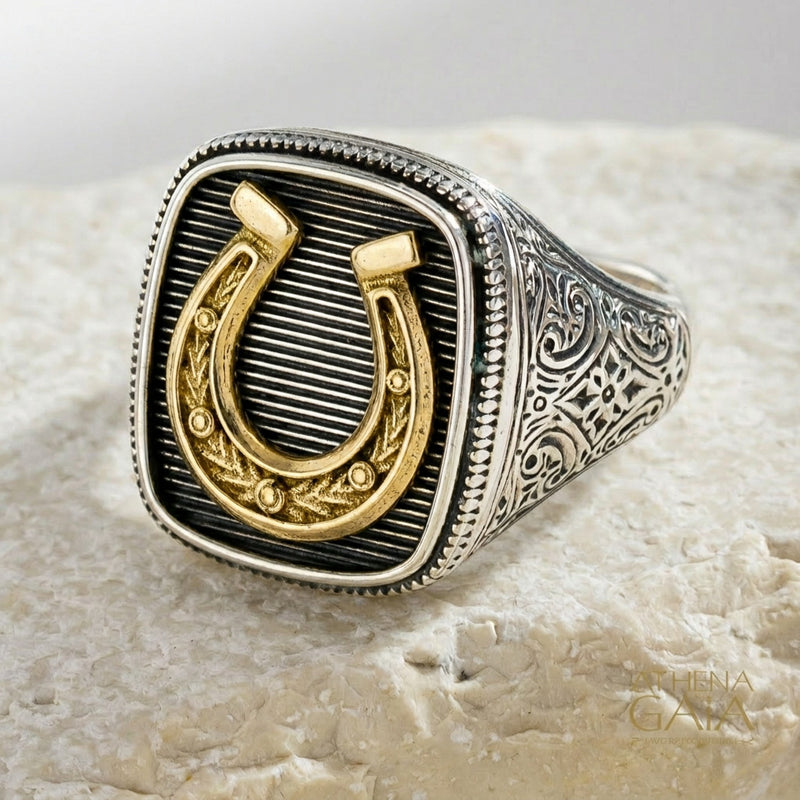 Horseshoe Talisman Wide Band Ring - 18k Gold & Sterling Silver - Signet Ring