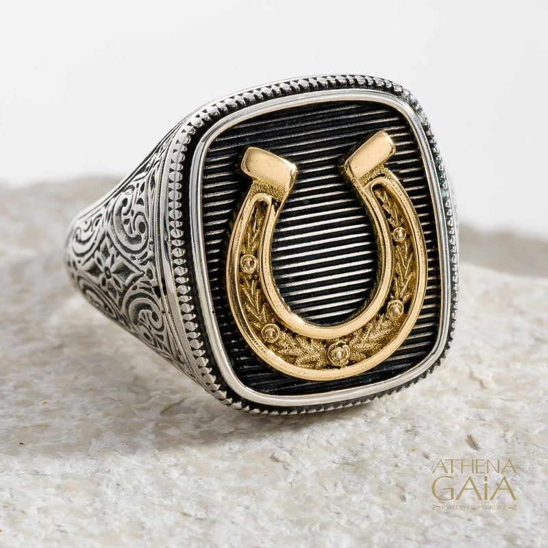 Horseshoe Talisman Wide Band Ring - 18k Gold & Sterling Silver - Signet Ring