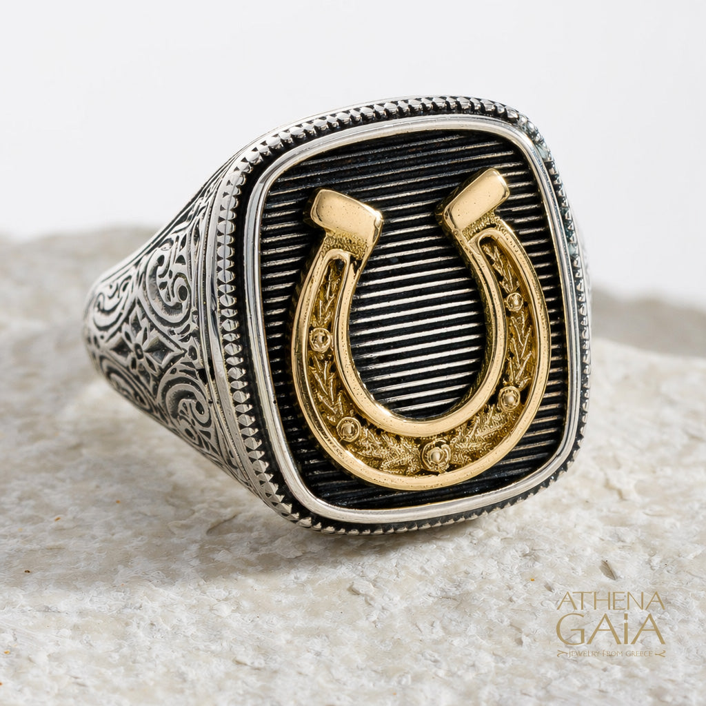 Horseshoe Talisman Wide Band Ring - 18k Gold & Sterling Silver - Signet Ring