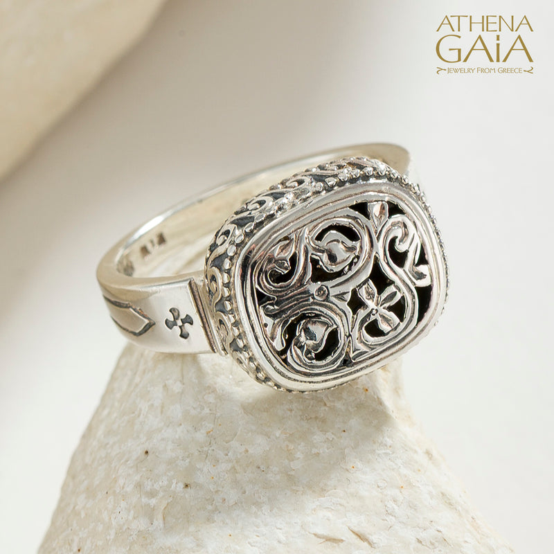 Garden Shadows Cushion Ring - Sterling Silver - Signet Ring