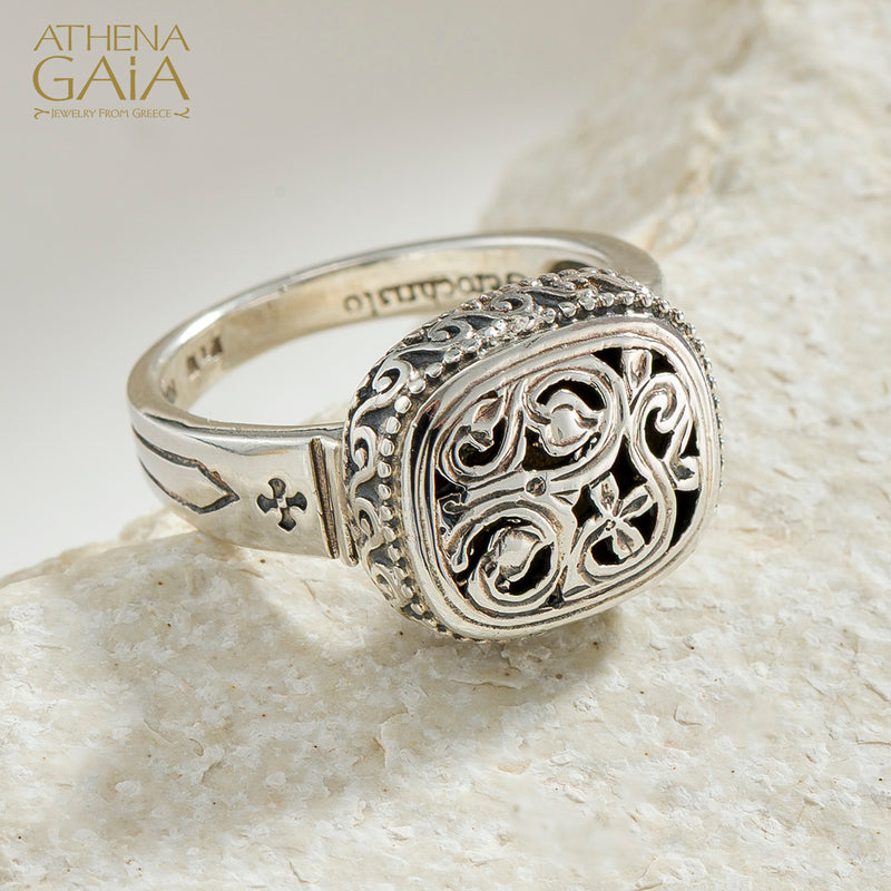 Garden Shadows Cushion Ring - Sterling Silver - Signet Ring