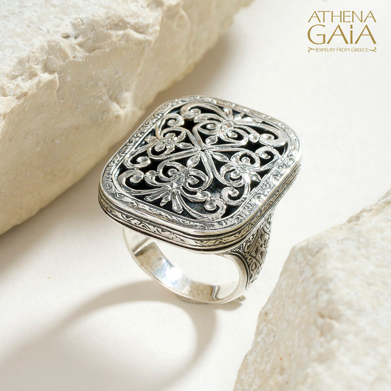 Garden Shadows Big Cushion Ring - Sterling Silver - Cocktail Ring