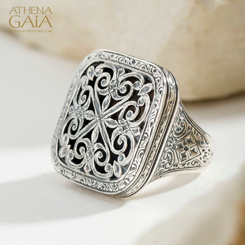 Garden Shadows Big Square Ring - Sterling Silver - Club Ring