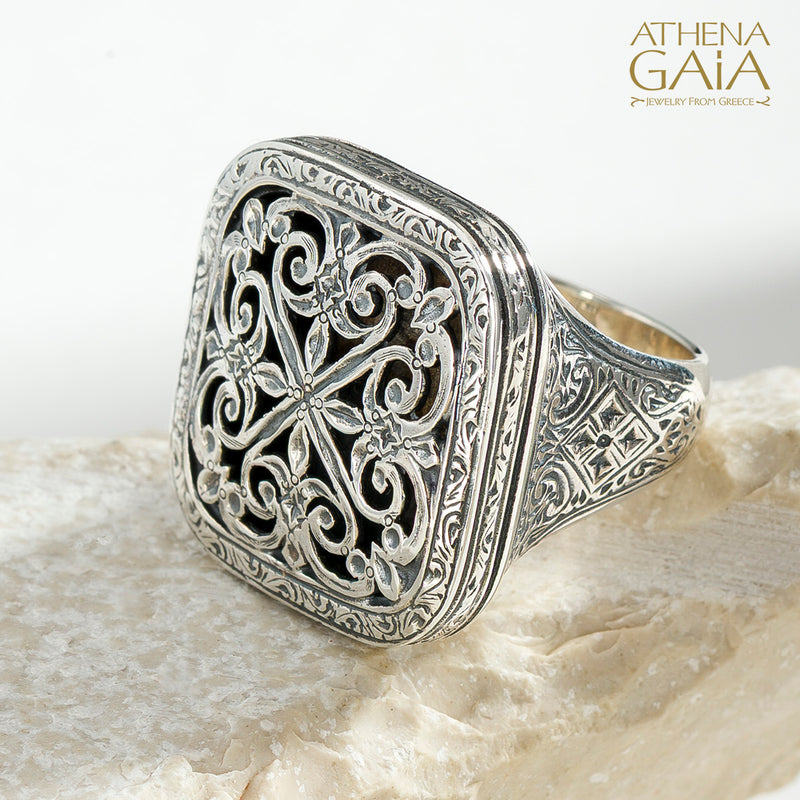Garden Shadows Big Square Ring - Sterling Silver - Club Ring