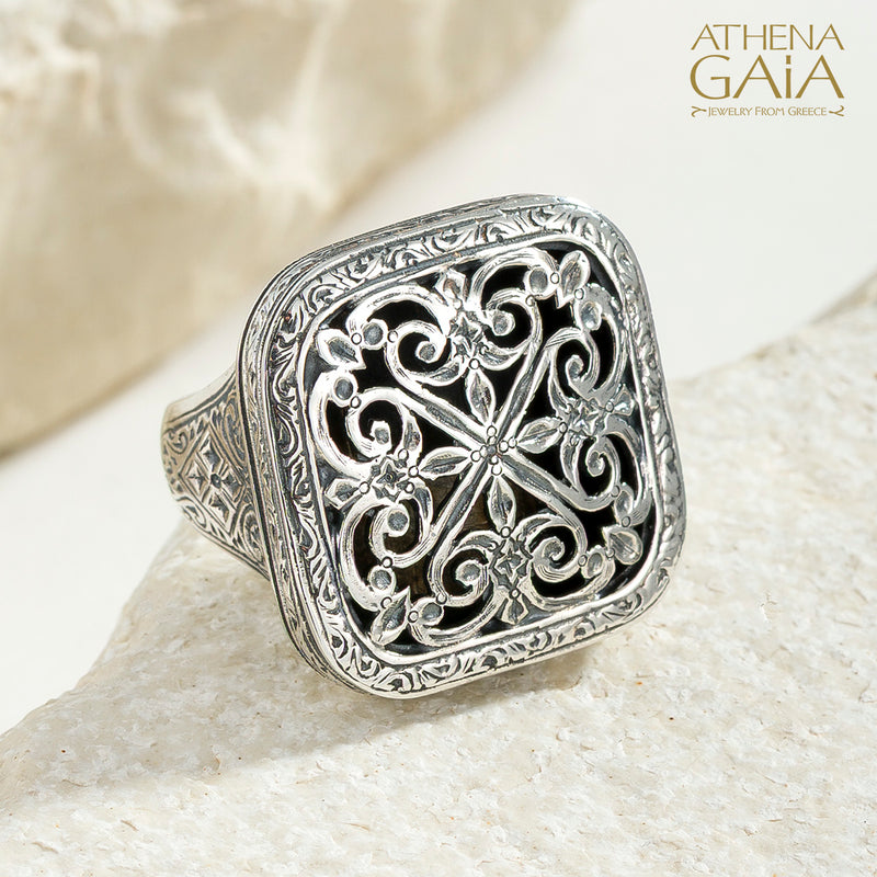Garden Shadows Big Square Ring - Sterling Silver - Club Ring