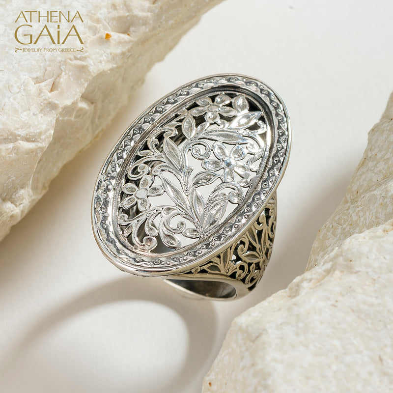 Garden Shadows Megalos Oval Ring - Sterling Silver - Cocktail Ring