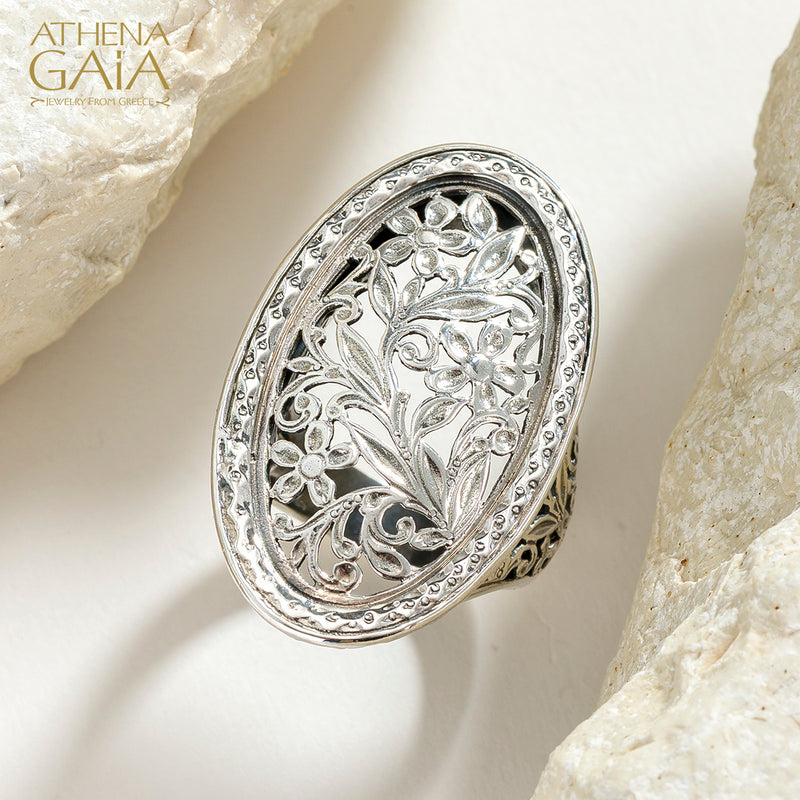 Garden Shadows Megalos Oval Ring - Sterling Silver - Cocktail Ring