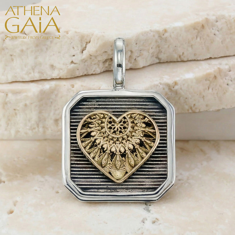 Heart Dream Catcher Square Pendant - 18k Gold & Sterling Silver - Talisman
