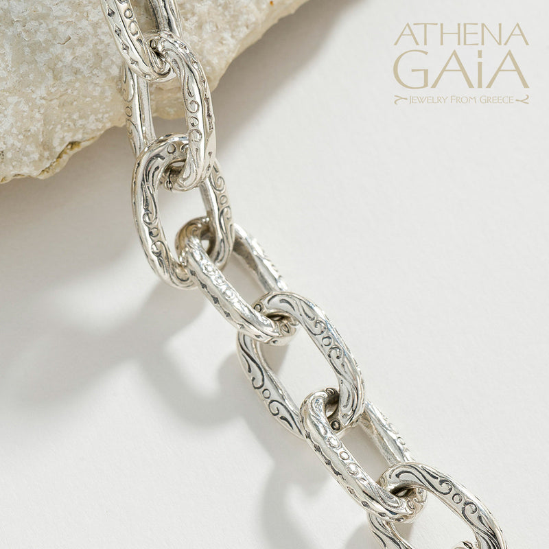 Oval Link Etched Necklace - Sterling Silver - Link Necklace